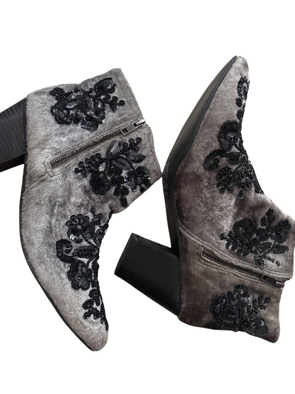 Free People Gray Velvet Ankle Boots with Black Sequin Embroidery